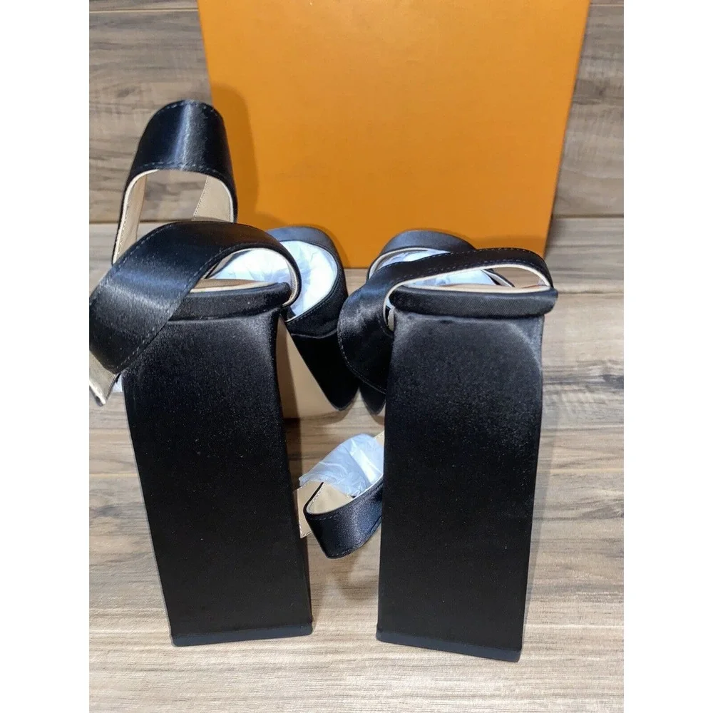 Women Platform‎ Chunky Sling back Satin Heels, Sz 8